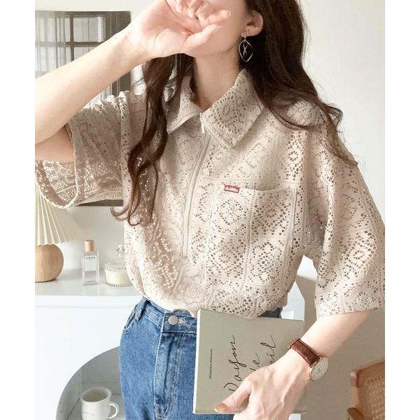 「Java」 半袖ブラウス LARGE グレイッシュベージュ レディース