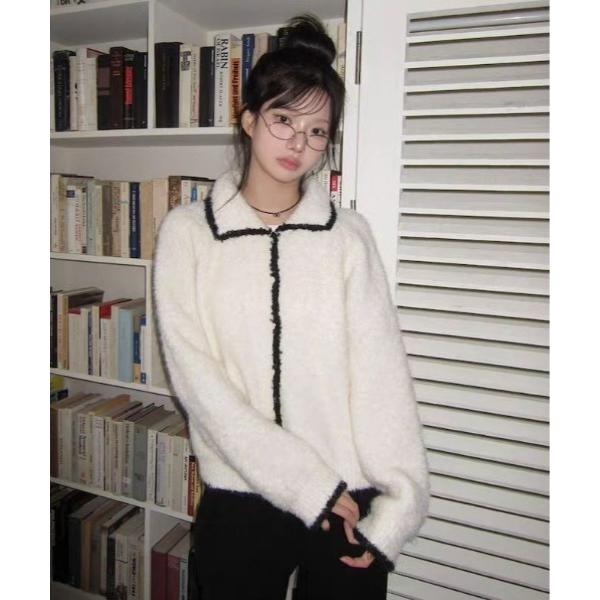 カーディガン 襟付き配色パイピングボアカーディガン レディース