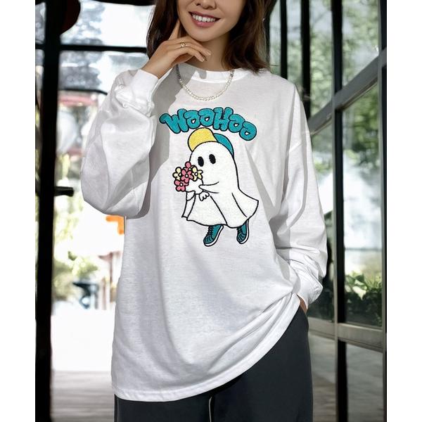 tシャツ レトロポップ お化け サガラ刺繍 ゆったり ロンT 韓国 ストリート レディース メンズ