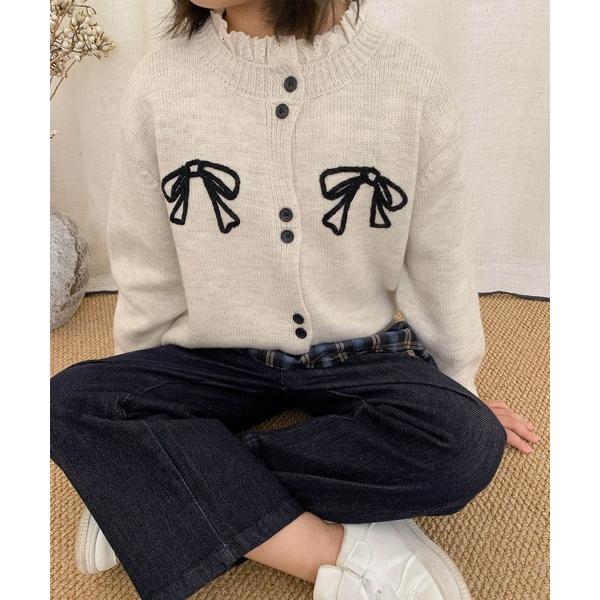 カーディガン  「aimoha-KIDS-」キッズ リボン刺繍 フリルネック カーディガン キッズ ...