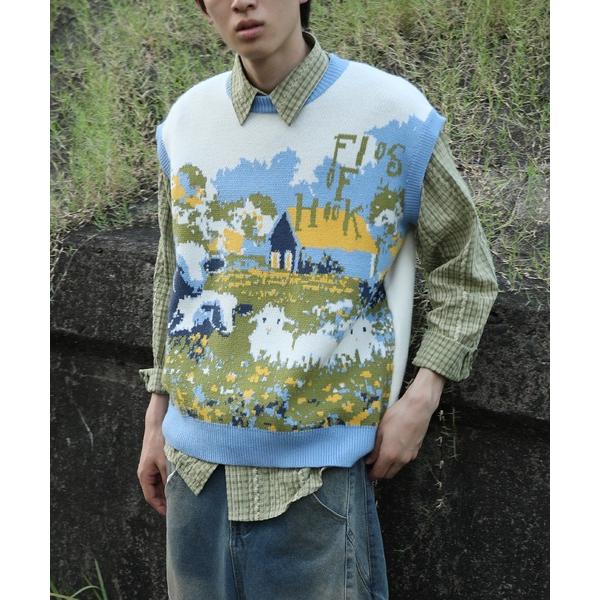 ベスト ジレ HOOK -original-　牧場柄ニットベスト メンズ レディース