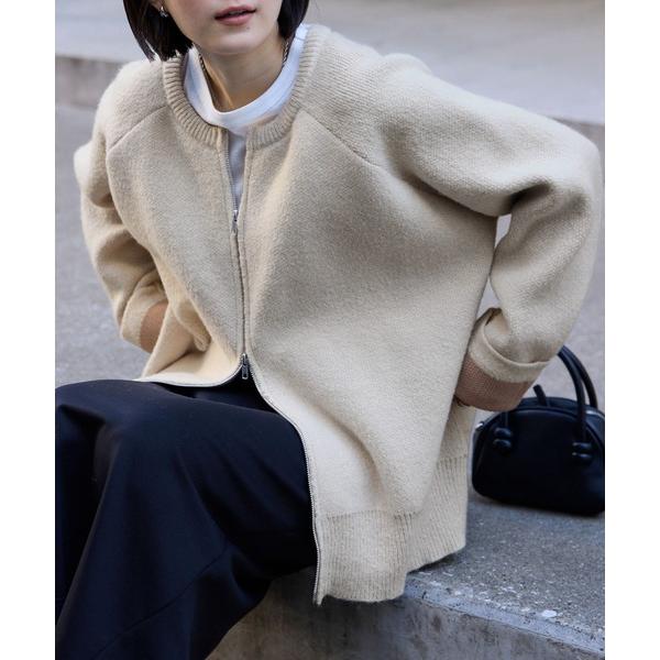 カーディガン バイカラー配色ダブルフェイスルーズニットカーディガン レディース