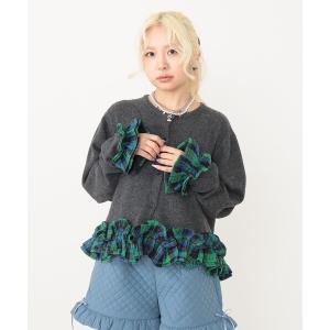 カーディガン チェックフリルカーディガン レディース
