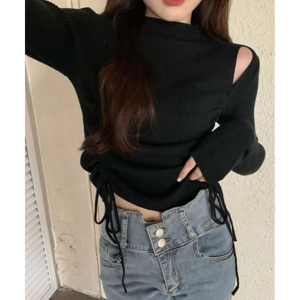 ニット セーター ショルダー スリット ギャザー リブ 長袖 トップス レディース