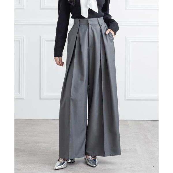 パンツ 「低身長対応／サイズ展開あり」タックデザインワイドパンツ「オフィスカジュアル 着回し抜群 大...