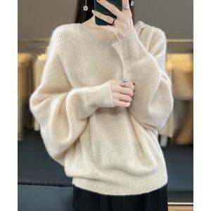 ニット セーター モヘアタッチフード付きルーズニット レディース