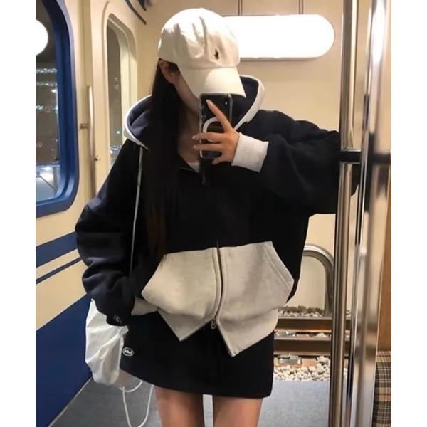 パーカー 「再入荷」バイカラーオーバーサイズダブルZIPパーカー ジャケット レディース