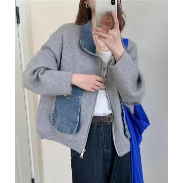 カーディガン デニムパッチワーク フルジッパー ルーズフィット ニットカーディガン レディース