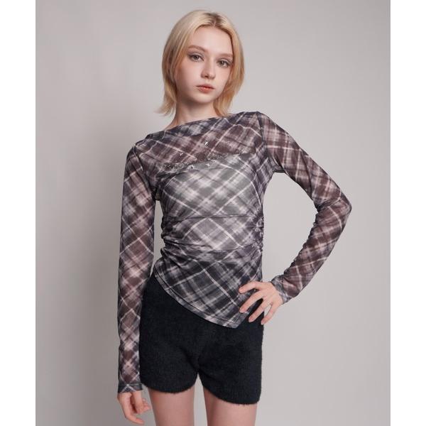 tシャツ 「 IMARI / イマリ 」 チェック柄 シアー ボートネック ロンT # レディース