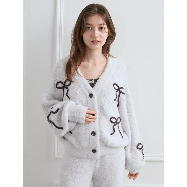 パジャマ ルームウェア リボンフェザーカーディガン レディース