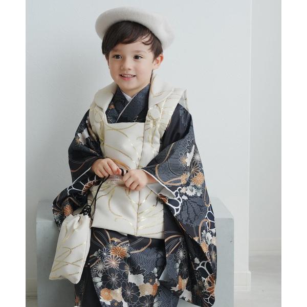 着物 七五三３歳用被布コートセット 男の子 ひよこ商店 ベージュ金彩×墨黒の菊重ね キッズ 子供 男...