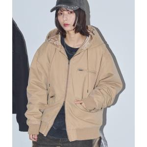 ブルゾン アウター ヴィンテージ加工パッチワークロゴダブルジップアップフードダックジャケット レディース メンズ