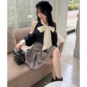 ブラウス シャツ コールドショルダー配色リボンブラウス レディース