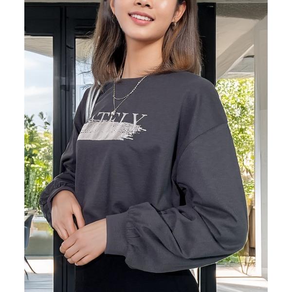 tシャツ ふっくら映え ボリュームスリーブ コットン 100% 箔 ロンT レディース