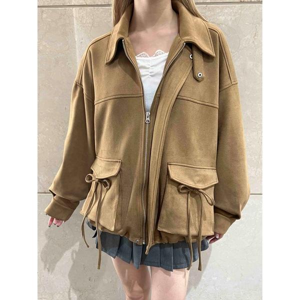ブルゾン アウター リボンポケットスウェードタッチジャケット レディース
