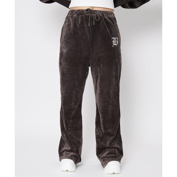 パンツ 「ベロア×フレアシルエット」レディース ロゴ刺繍パンツ セットアップ対応 秋冬 レディース