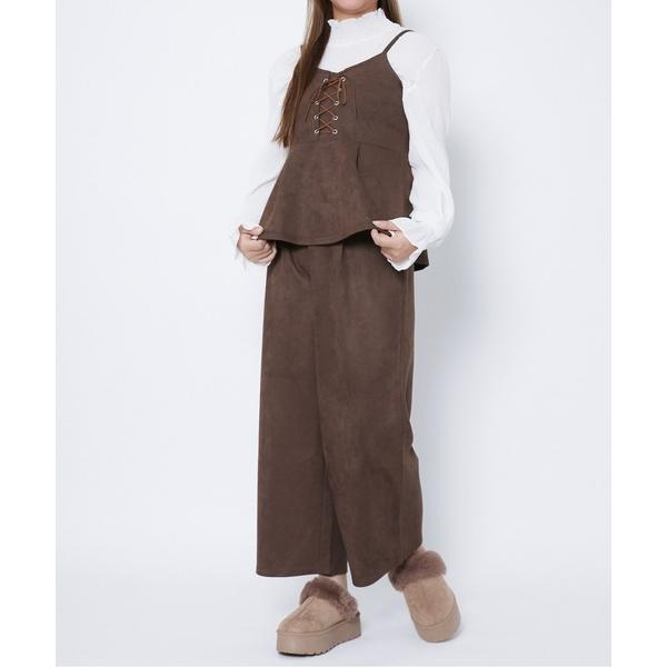 オールインワン 「スエード調×レースアップ」レディース キャミソール＋ワイドパンツ 2点セットアップ...