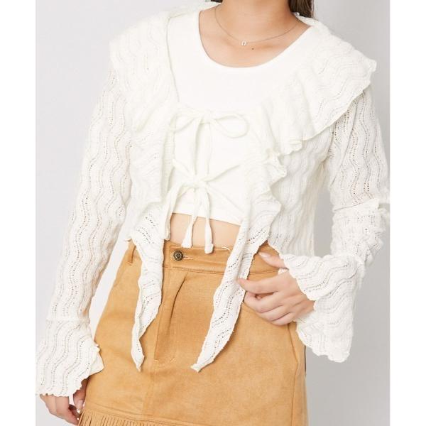 ニット セーター 「透かし編み×フリルデザイン」レディース ニットソー カーデ風トップス フェミニン...