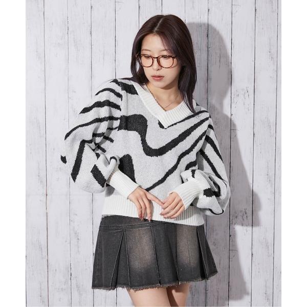 ニット セーター 「ゼブラ柄×Vネック」レディース ニットプルオーバー モード トレンド 秋冬 レデ...