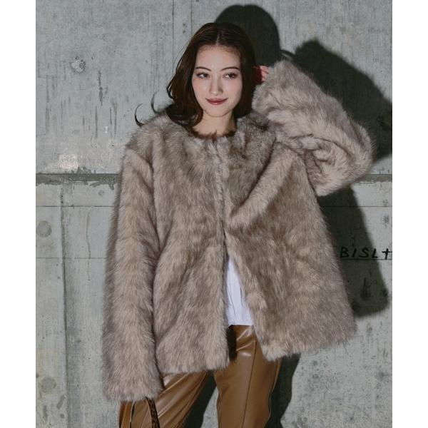コート アウター ノーカラーフェイクファージャケット レディース