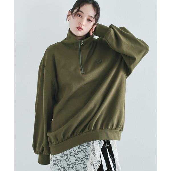 トレーナー スウェット ワンポイント刺繍ハーフジッププルオーバー レディース