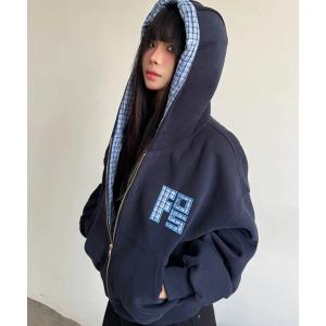 パーカー 「全カラー５色入荷済！今すぐチェック！」チェック柄フード付きジップパーカー/韓国っぽゆるシルエット レディース