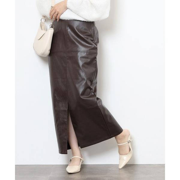 スカート フェイクレザー切替スリットロングスカート
