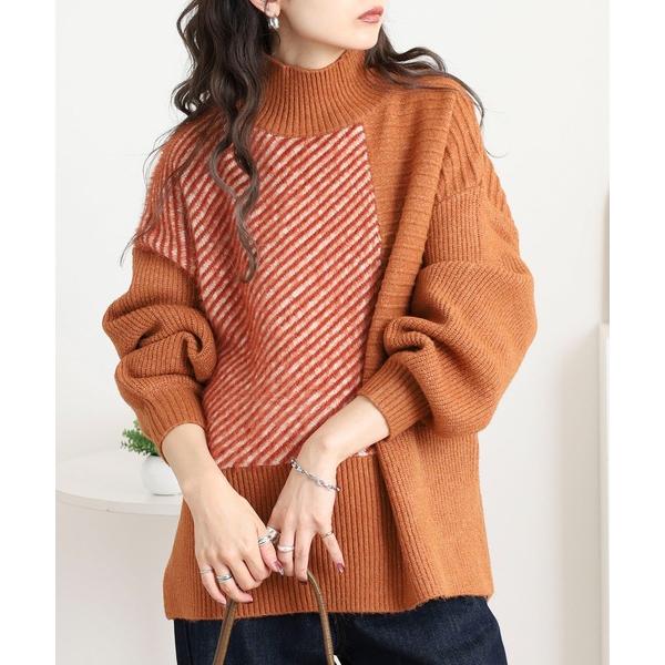 ニット セーター シャギージャガード切替ハイネックニット レディース