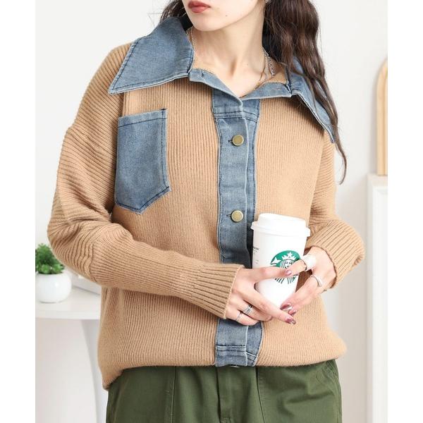 ニット セーター デニムドッキングニットシャツ レディース