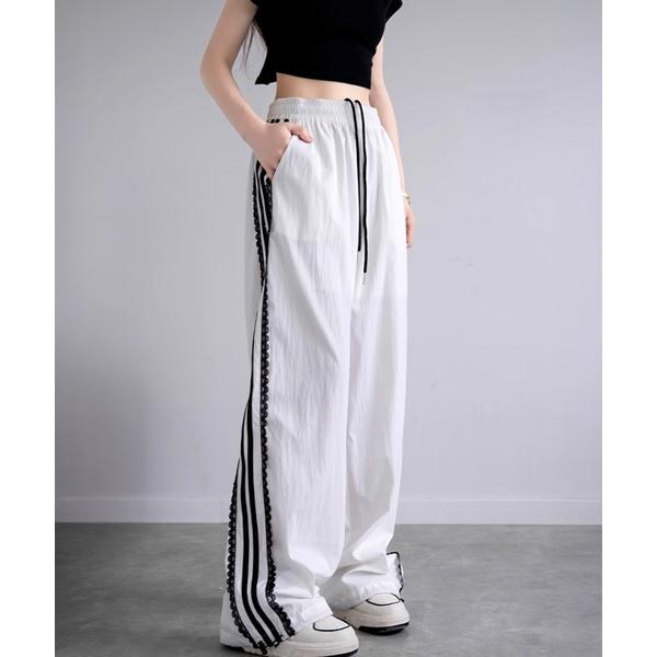ワイドパンツ パンツ シャリ感素材サイドレーストラックパンツ レディース