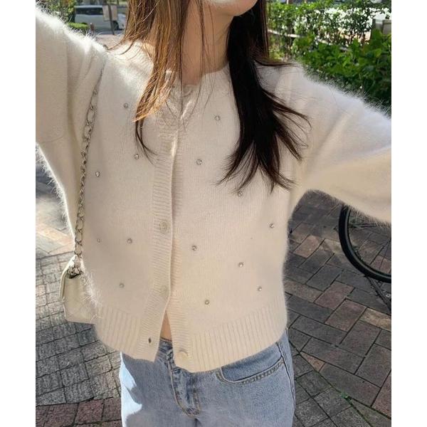 カーディガン シャギーニット ビジューカーディガン レディース