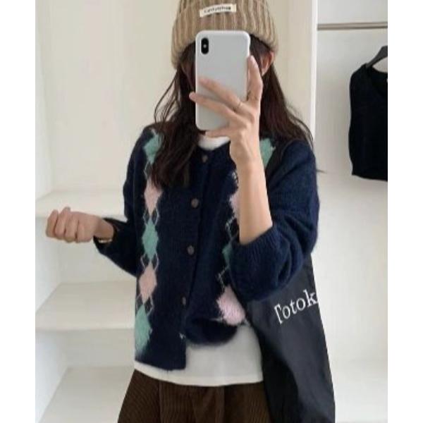 カーディガン アーガイル柄ニットカーディガン レディース