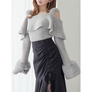 ニット セーター フェイクファーストラップオフショルダーリブニット レディース