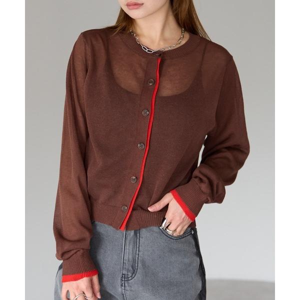 カーディガン バイカラー　シアーニットカーディガン レディース