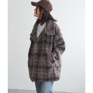 コート アウター シャギーチェックスタンドコート レディース