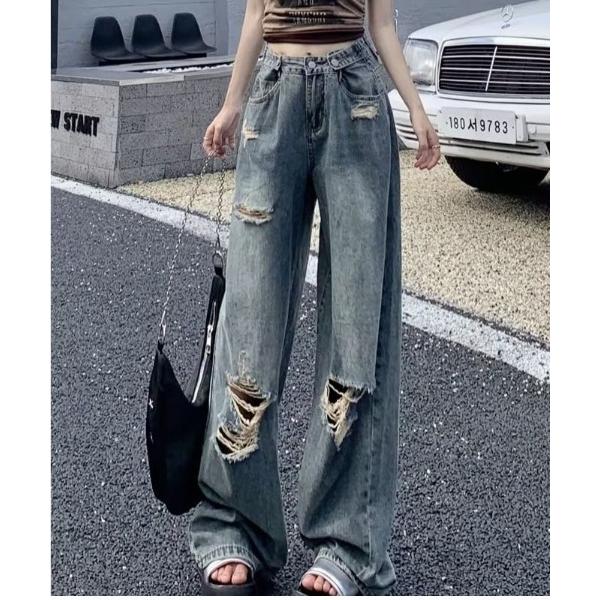 ワイドパンツ ジーンズ デニム デニムパンツ ダメージルーズデニムパンツ レディース