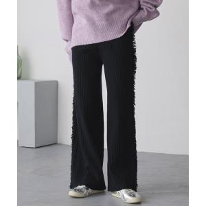 パンツ 「マシンウォッシャブル/アンチピリング」サイドフリンジ ワイドストレート リブニットパンツ レディース