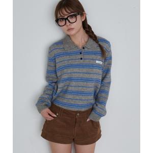 ニット セーター ボーダーポロ襟ニット レディース