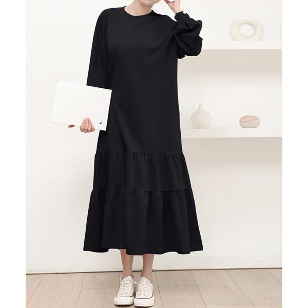 ワンピース ギャザー袖ティアードロングワンピース