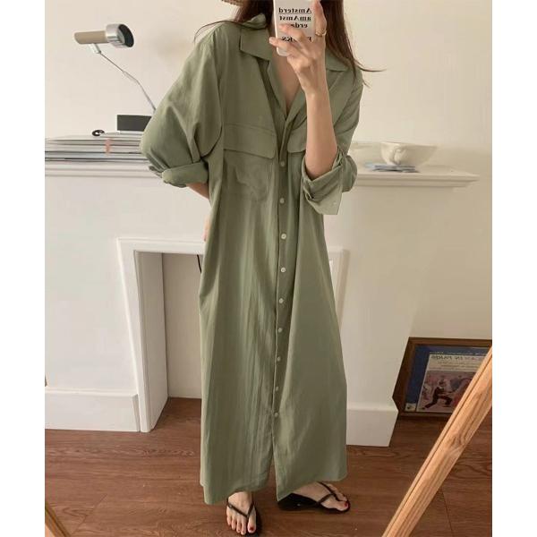 シャツワンピース ポケット付きロングシャツワンピース