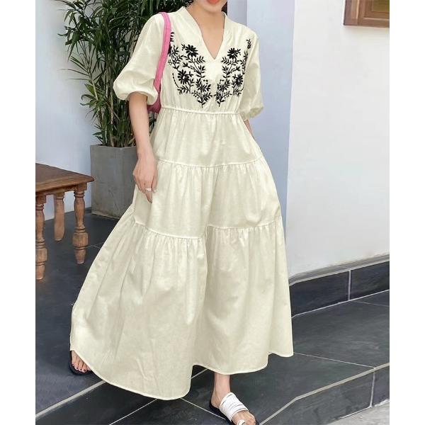 ワンピース 花刺繍Vネックティアードワンピース