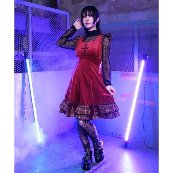 ワンピース ベロア×チェックフリルワンピース