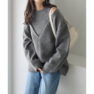 ニット セーター 肩スリットレイヤード風ニットトップス レディース