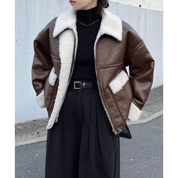 コート アウター フェイクレザー切替ボアショートブルゾン レディース
