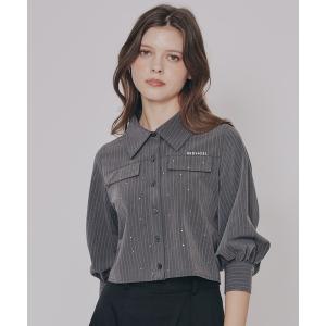 ブラウス シャツ ビジューロゴストライプシャツブラウス レディース