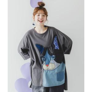 チュニック ScoLar(スカラー) ネコ柄デニムアップリケチュニック