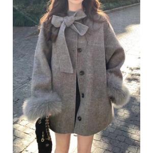 ピーコート pコート 襟リボン ふわふわエコファー付き袖口　ピーコート レディース