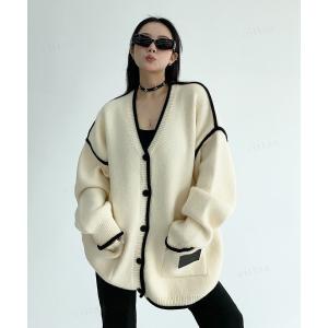 ニット セーター 韓国ファッション バイカラーパイピングラインゆるニットカーディガン レディース