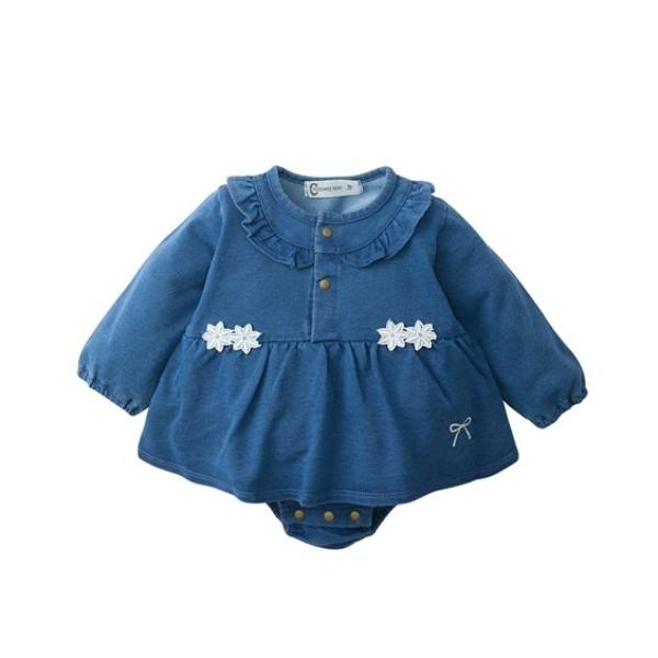 ベビー服 ロンパース やわらかデニムニット　ワンピース風長袖ロンパース（女の子）