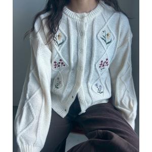 カーディガン フラワー刺繍ケーブルカーディガン レディース